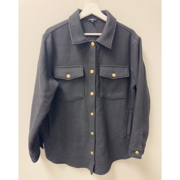 Express Wool Blend Shirt Jacket Gold Button Front Charcoal Gray Large - Picture 2 of 10